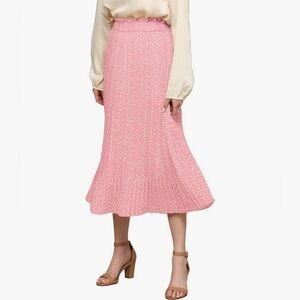 High Waist Polka Dot Pleated Midi Swing Skirt with Pockets -pink